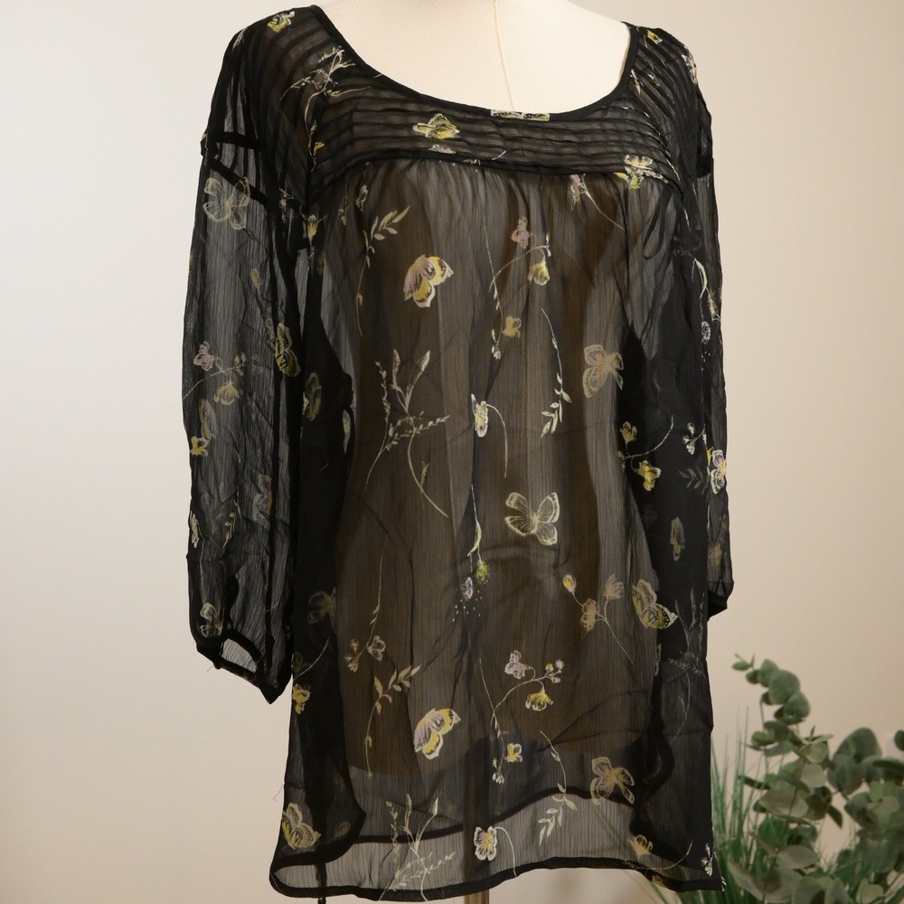 LC Lauren Conrad Black Floral Butterfly Sheer Tunic Top XL 3/4 Sleeve Pintuck